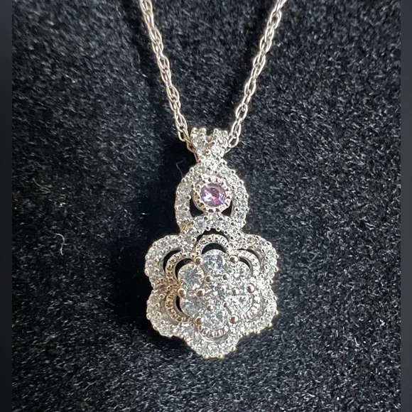 Alwand Vahan 14k Solid White Gold Natural Diamond with Pink Sapphire Pendant-JCP - Picture 3 of 10